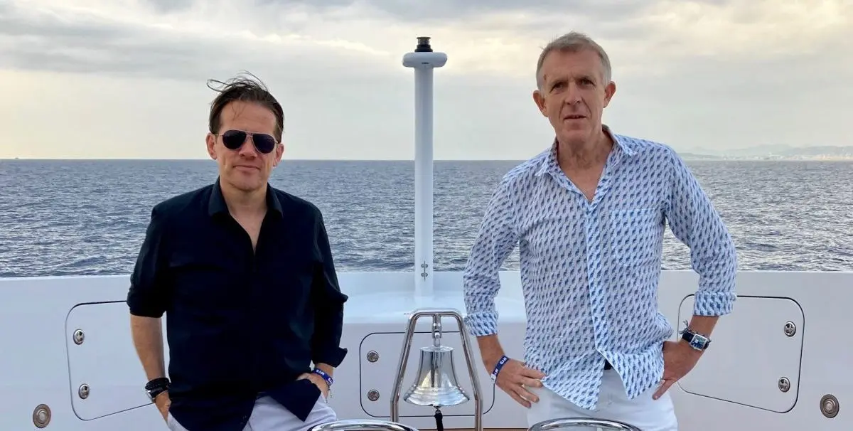 Yacht designers Dickie Bannenberg and Simon Rowell aboard one of their designs