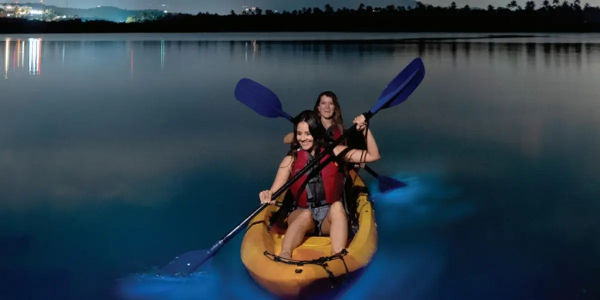 Two women kayaking, surrounded by bioluminescent displays— a unique astrotourism experience